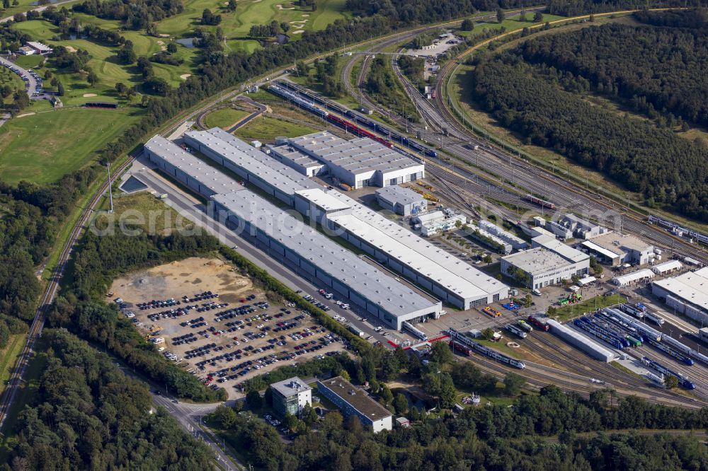 Wegberg from above - Railway depot and repair shop for the maintenance and servicing of rail vehicles Pruef- and Validationscenter on street Friedrich-List-Allee in the district Wildenrath in Wegberg in the state North Rhine-Westphalia, Germany