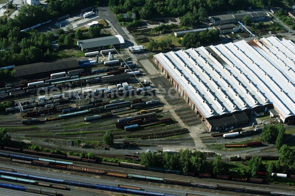 Leipzig from above - Repair shop, maintenance and repair of trains and wagons of the freight in the Engelsdorf district of Leipzig in Saxony