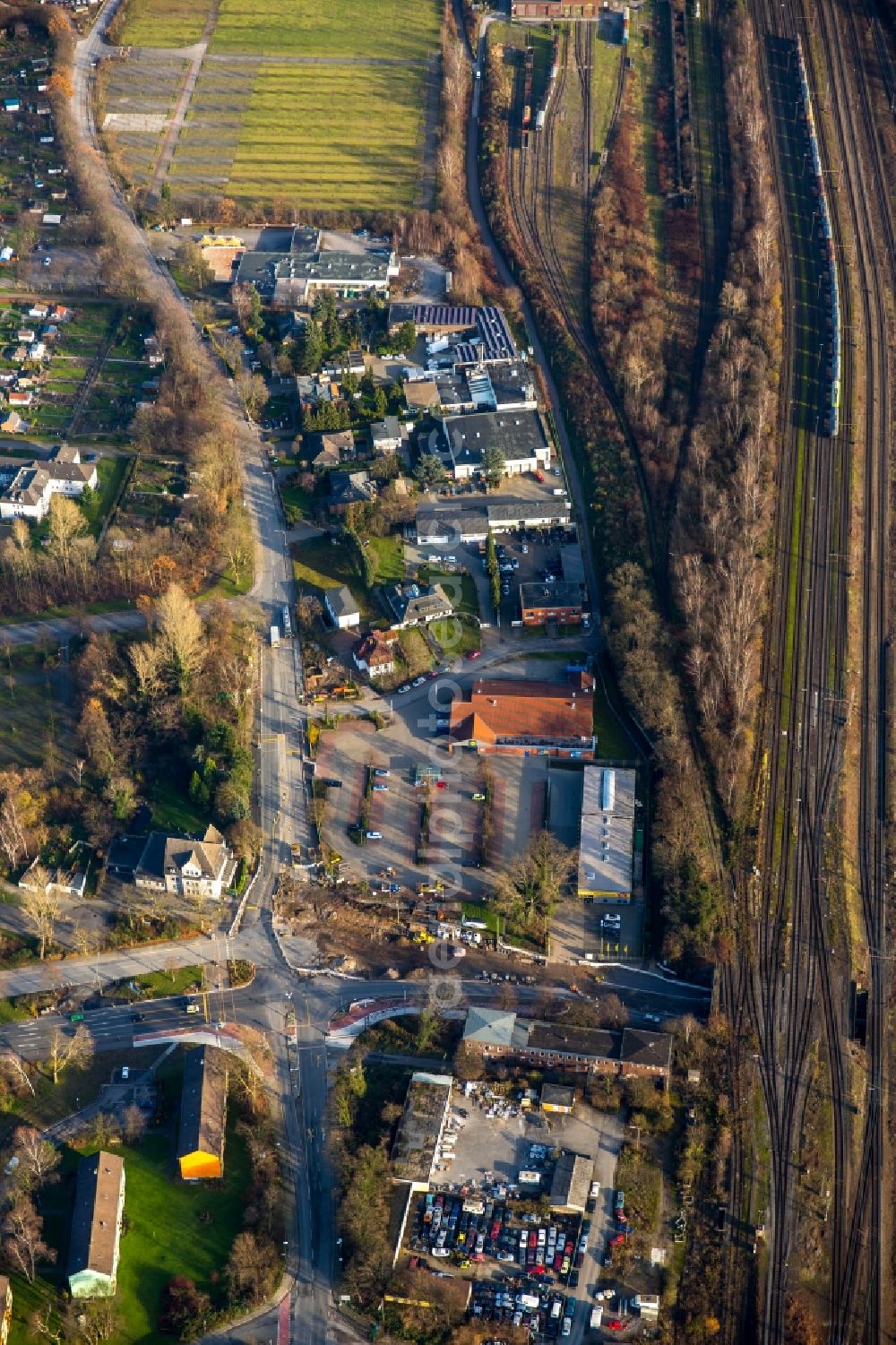 Gelsenkirchen from the bird's eye view: Railway depot and repair shop for maintenance and train repair of Deutschen Bahn in Gelsenkirchen in the state North Rhine-Westphalia