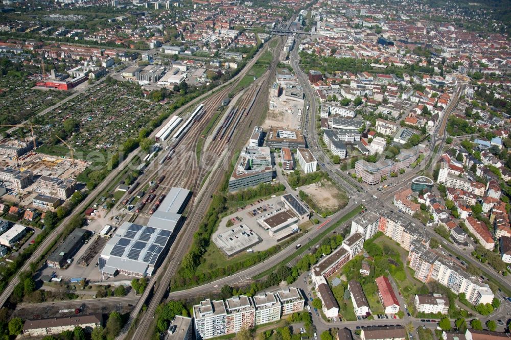 Aerial photograph Freiburg im Breisgau - Railway depot and repair shop for maintenance and repair of trains in Freiburg im Breisgau in the state Baden-Wuerttemberg