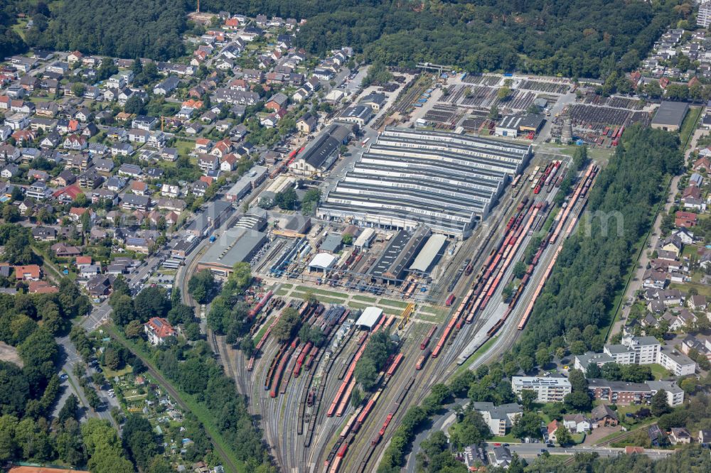 Aerial photograph Paderborn - Railway depot and repair shop for maintenance and repair of trains of passenger transport Ausbesserungswerk Paderborn on street Hermann-Kirchhoff-Strasse in Paderborn in the state North Rhine-Westphalia, Germany