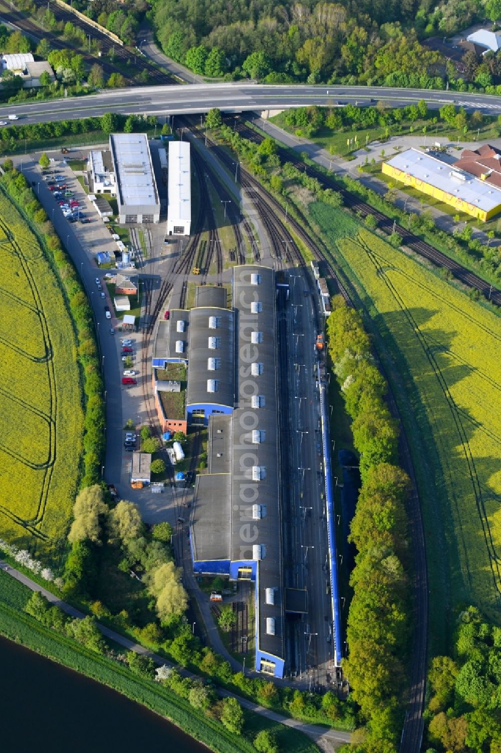 Uelzen from above - Railway depot and repair shop for maintenance and repair of trains of passenger transport of Osthannoversche Eisenbahnen Aktiengesellschaft in Uelzen in the state Lower Saxony, Germany