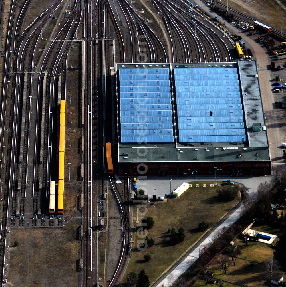 Berlin from the bird's eye view: Railway depot and repair shop for maintenance and repair of trains of passenger transport of S-Bahn Berlin GmbH on Adlergestell in the district Schoeneweide in Berlin