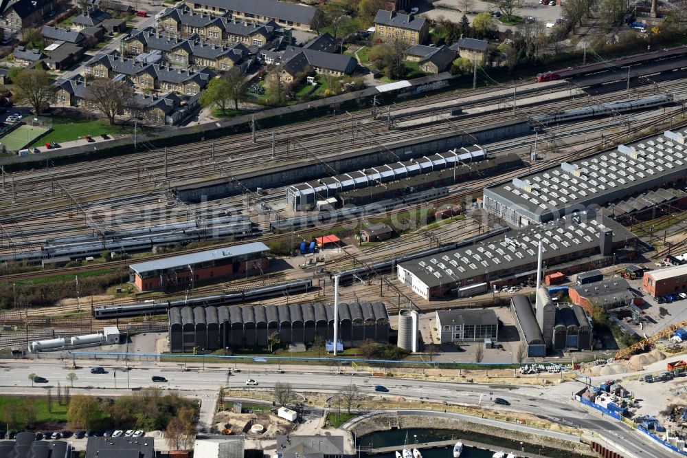 Kopenhagen from above - Railway depot and repair shop for maintenance and repair of trains of passenger transport on train station Svanemollen in Copenhagen in Denmark