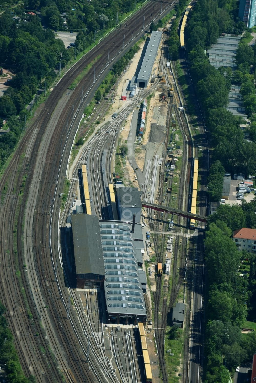 Aerial photograph Berlin - Railway depot and repair shop for maintenance and repair of trains of passenger transport of the series of S-Bahn Berlin GmbH in the district Lichtenberg in Berlin, Germany