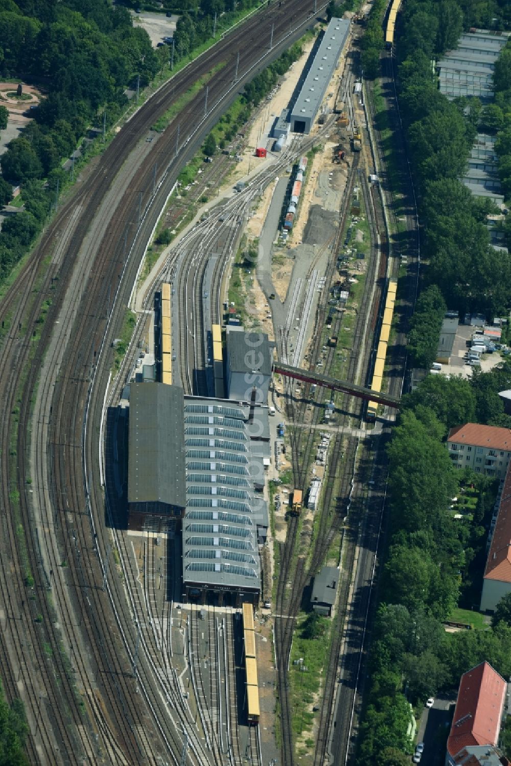 Berlin from above - Railway depot and repair shop for maintenance and repair of trains of passenger transport of the series of S-Bahn Berlin GmbH in the district Lichtenberg in Berlin, Germany