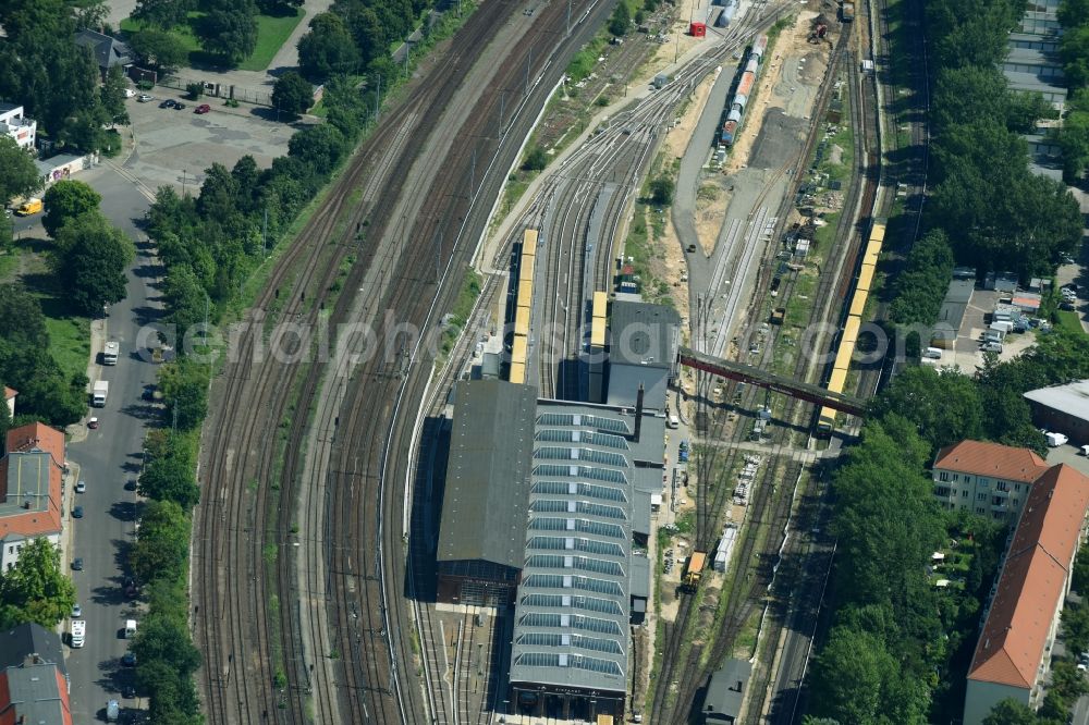 Berlin from the bird's eye view: Railway depot and repair shop for maintenance and repair of trains of passenger transport of the series of S-Bahn Berlin GmbH in the district Lichtenberg in Berlin, Germany