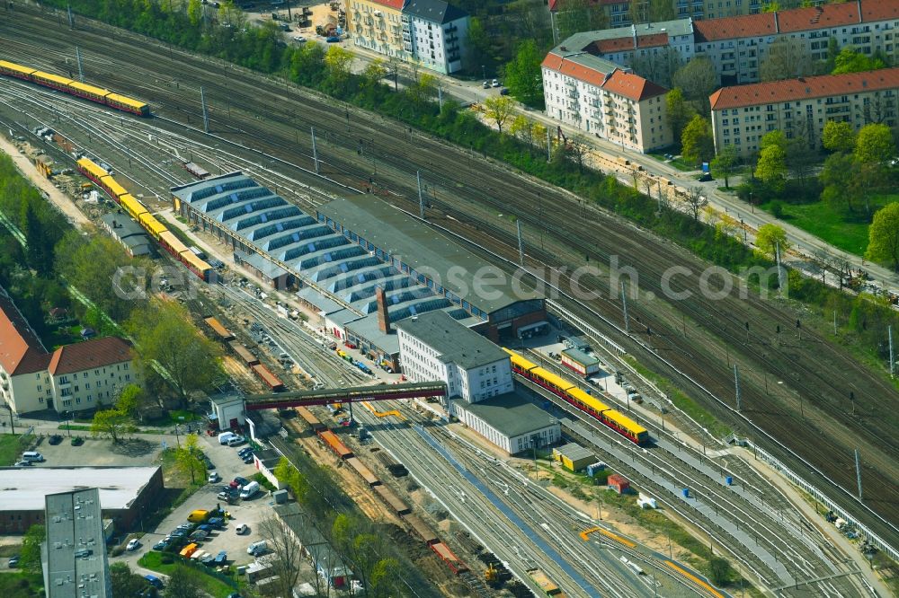 Aerial image Berlin - Railway depot and repair shop for maintenance and repair of trains of passenger transport of the series of S-Bahn Berlin GmbH in the district Lichtenberg in Berlin, Germany