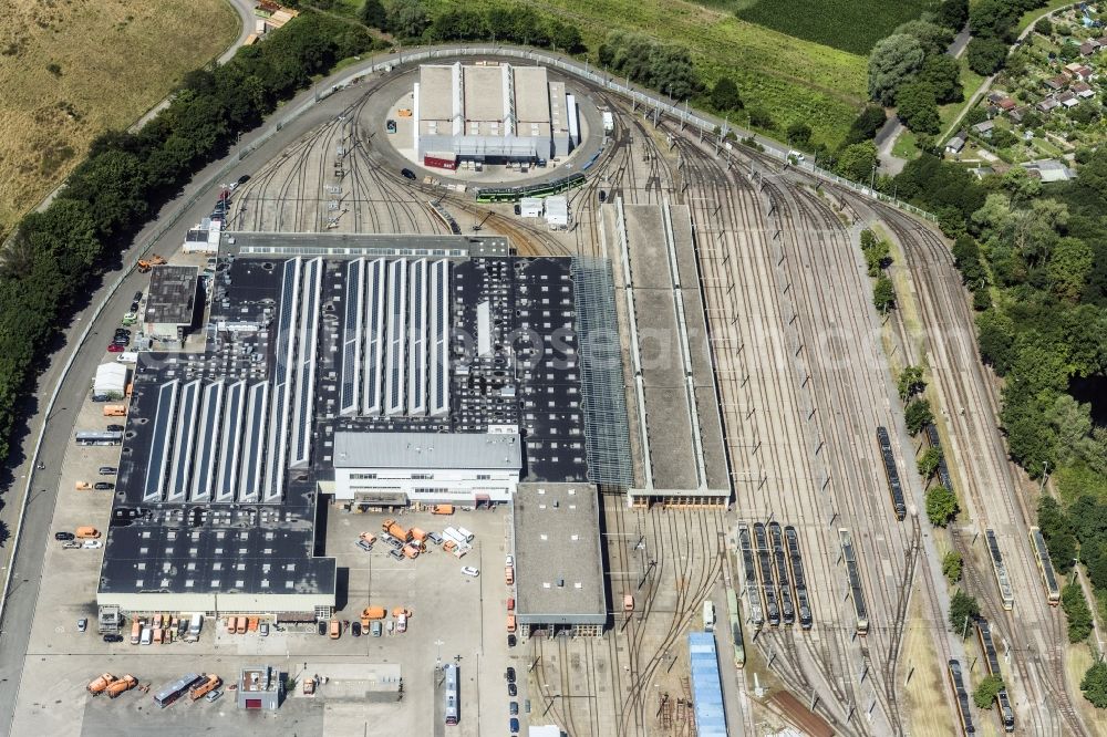 Aerial photograph Karlsruhe - Railway depot and repair shop for maintenance and repair of trains of passenger transport of the series Bahn and Busse in Karlsruhe in the state Baden-Wuerttemberg, Germany