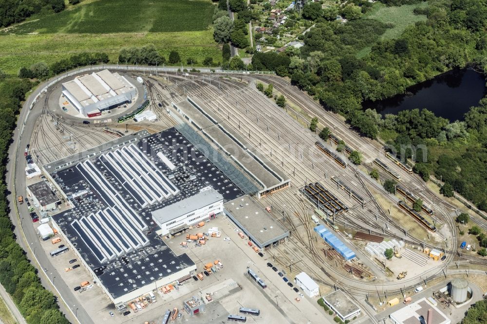 Karlsruhe from above - Railway depot and repair shop for maintenance and repair of trains of passenger transport of the series Bahn and Busse in Karlsruhe in the state Baden-Wuerttemberg, Germany