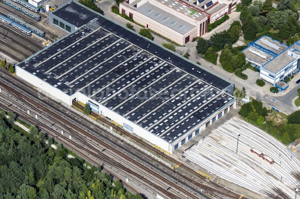 Aerial photograph München - Railway depot and repair shop for maintenance and repair of trains of passenger transport of the series U-Bahn in Munich in the state Bavaria, Germany