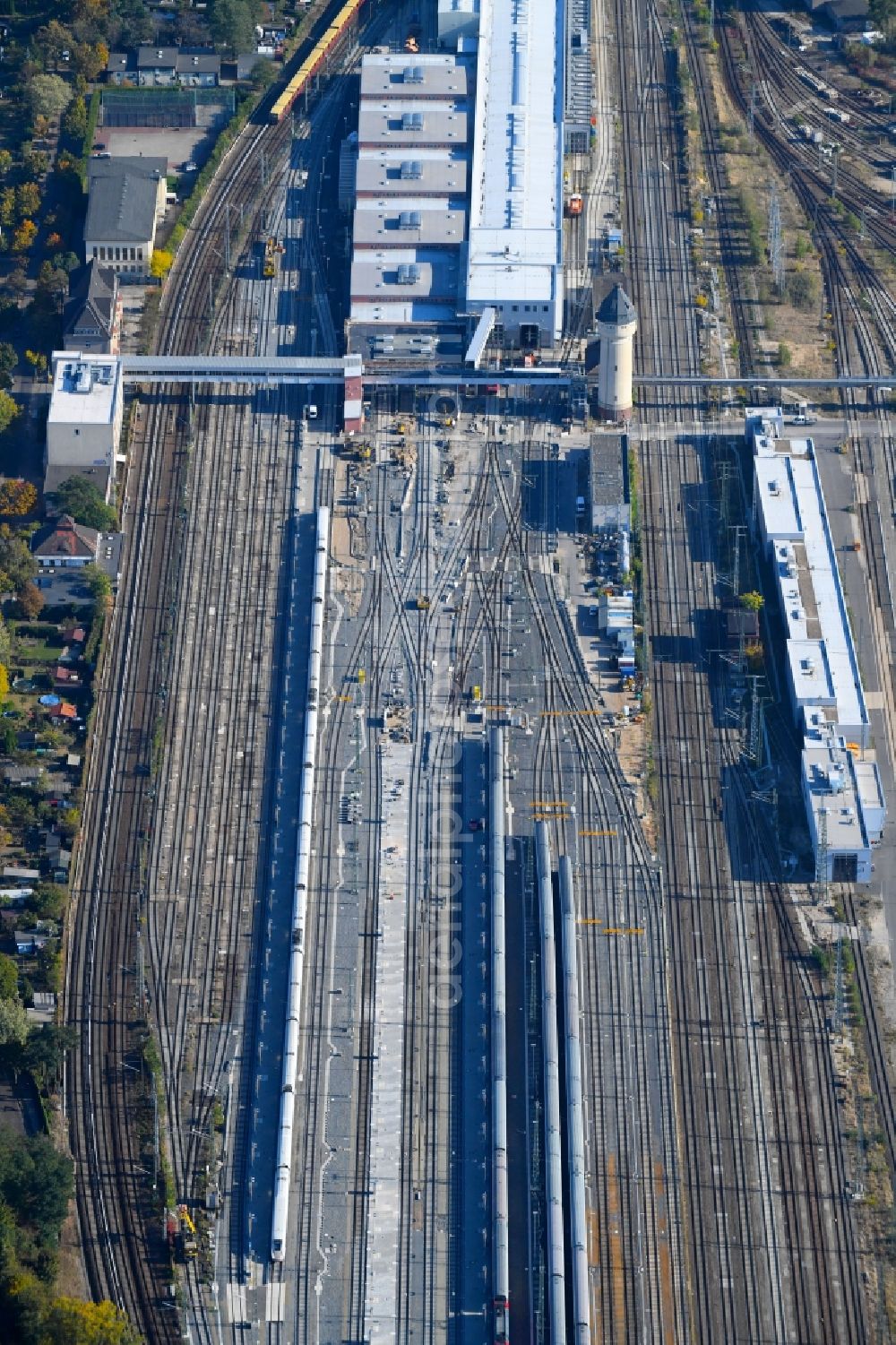 Berlin from above - Railway depot and repair shop for maintenance and repair of trains of passenger transport of the series of S-Bahn in the district Rummelsburg in Berlin, Germany