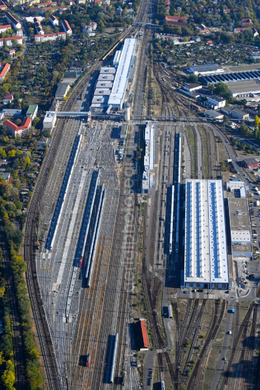 Berlin from above - Railway depot and repair shop for maintenance and repair of trains of passenger transport of the series of S-Bahn in the district Rummelsburg in Berlin, Germany