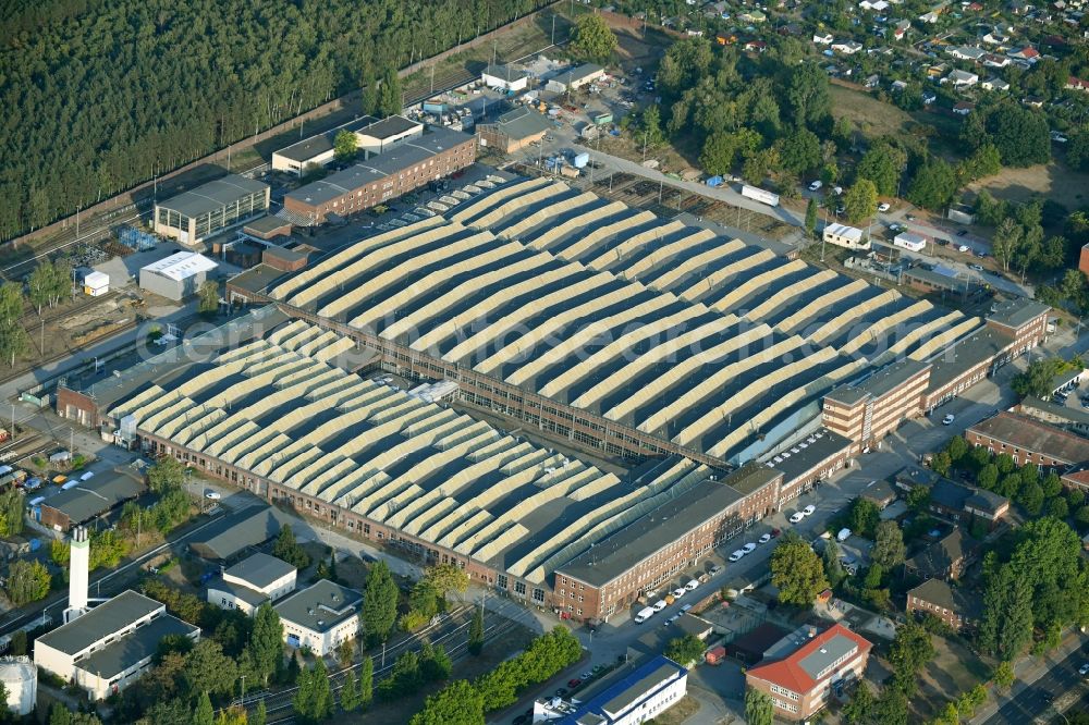 Aerial image Berlin - Railway depot and repair shop for maintenance and repair of trains of passenger transport of the series of S- Bahn in the district Schoeneweide in Berlin, Germany