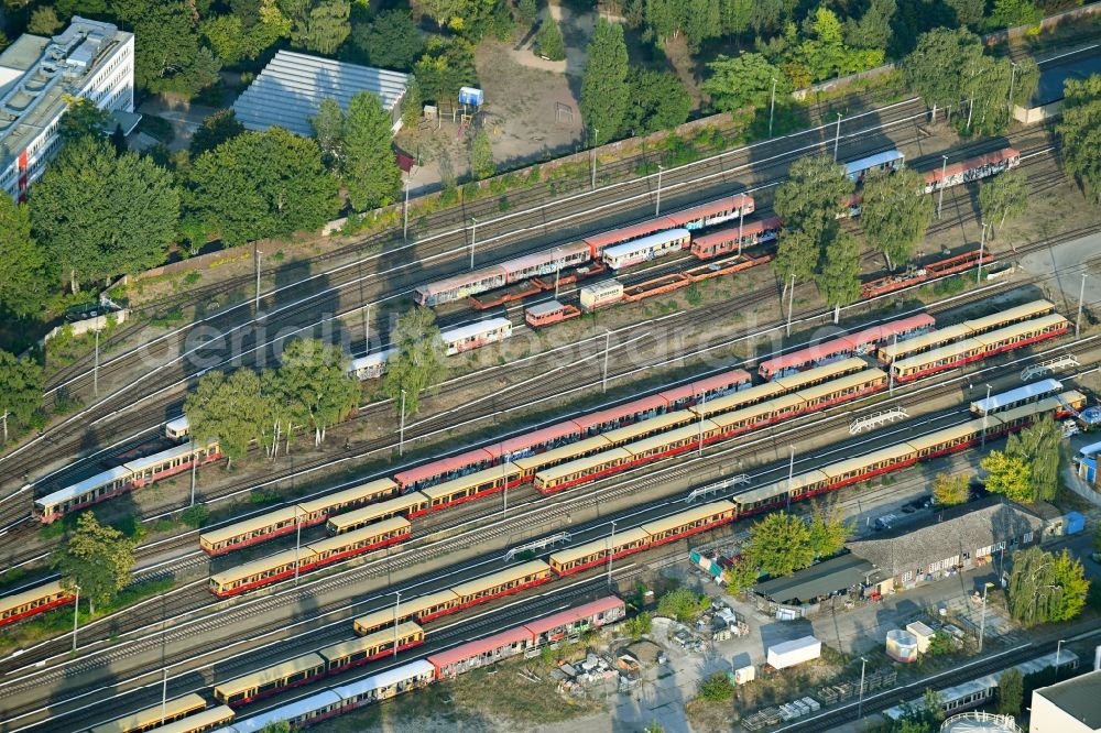 Aerial photograph Berlin - Railway depot and repair shop for maintenance and repair of trains of passenger transport of the series of S- Bahn in the district Schoeneweide in Berlin, Germany