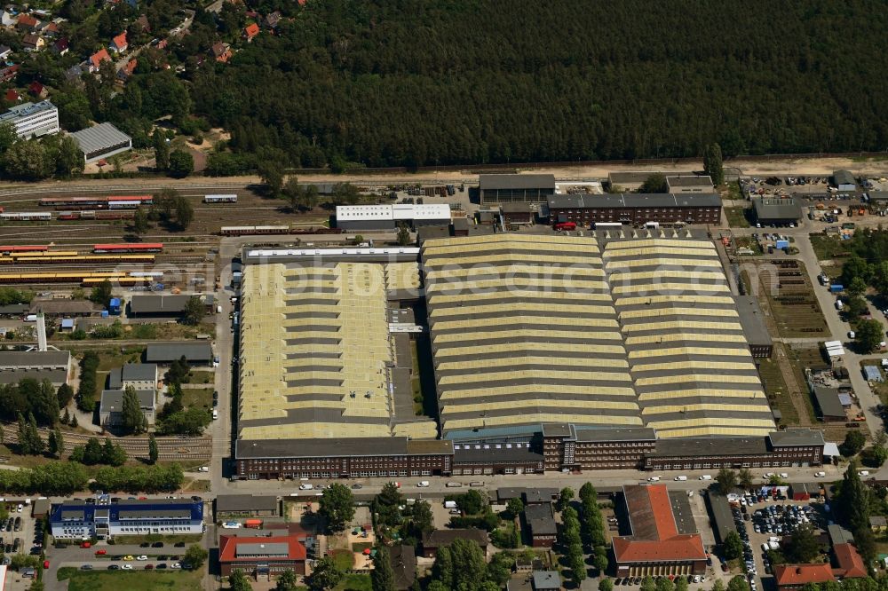 Berlin from above - Railway depot and repair shop for maintenance and repair of trains of passenger transport of the series of S- Bahn in the district Schoeneweide in Berlin, Germany