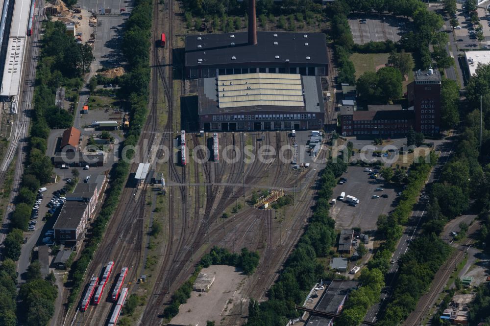 Braunschweig from above - Railway depot and repair shop for maintenance and repair of trains of passenger transport in Brunswick in the state Lower Saxony, Germany