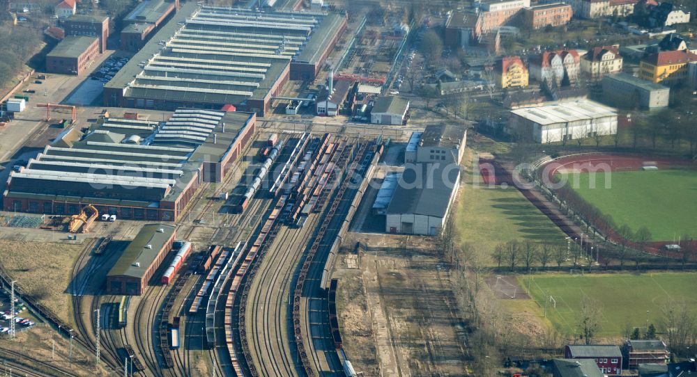 Aerial photograph Eberswalde - Railway depot and repair shop for maintenance and repair of trains of passenger transport Schienenfahrzeugwerk Eberswalde GmbH on street Eisenbahnstrasse in Eberswalde in the state Brandenburg, Germany