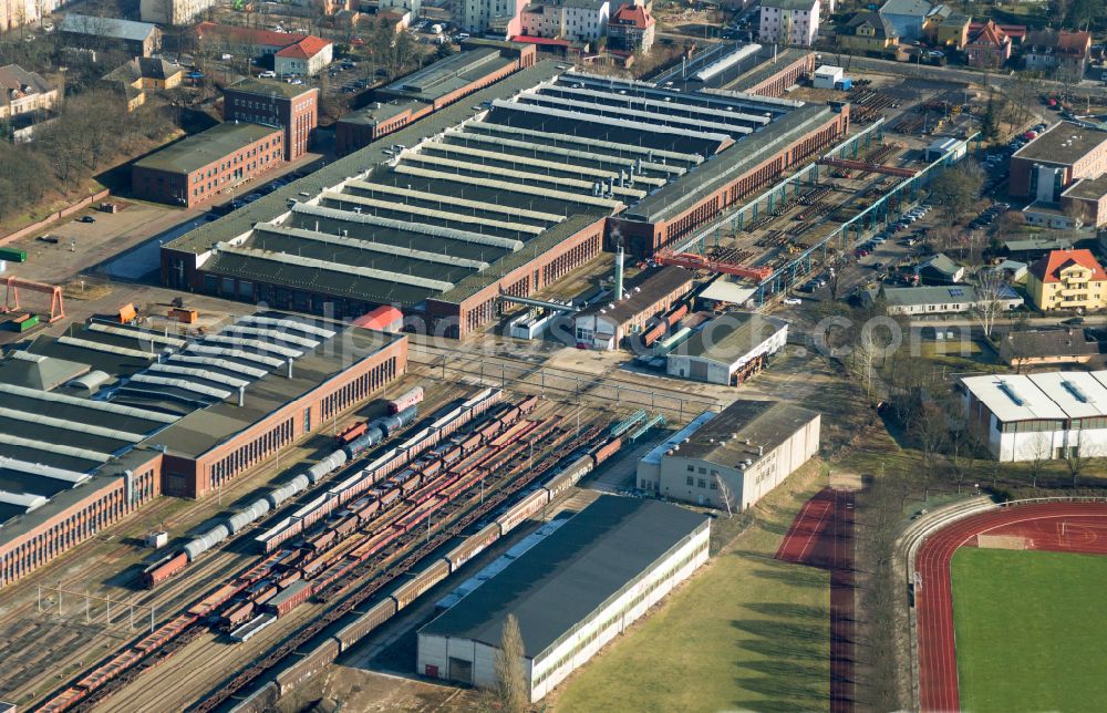 Aerial image Eberswalde - Railway depot and repair shop for maintenance and repair of trains of passenger transport Schienenfahrzeugwerk Eberswalde GmbH on street Eisenbahnstrasse in Eberswalde in the state Brandenburg, Germany