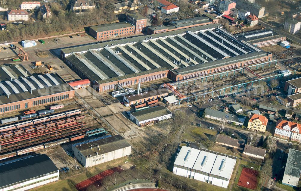 Aerial photograph Eberswalde - Railway depot and repair shop for maintenance and repair of trains of passenger transport Schienenfahrzeugwerk Eberswalde GmbH on street Eisenbahnstrasse in Eberswalde in the state Brandenburg, Germany