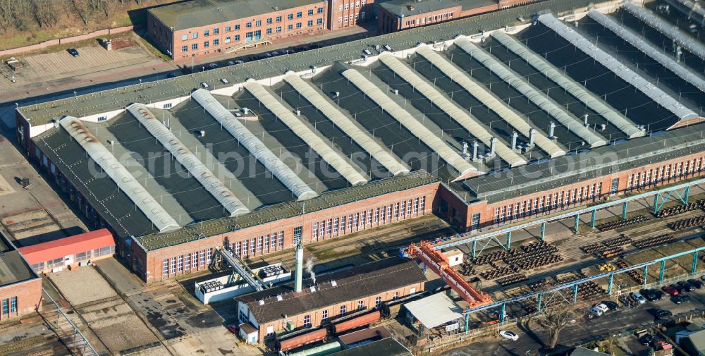 Eberswalde from above - Railway depot and repair shop for maintenance and repair of trains of passenger transport Schienenfahrzeugwerk Eberswalde GmbH on street Eisenbahnstrasse in Eberswalde in the state Brandenburg, Germany