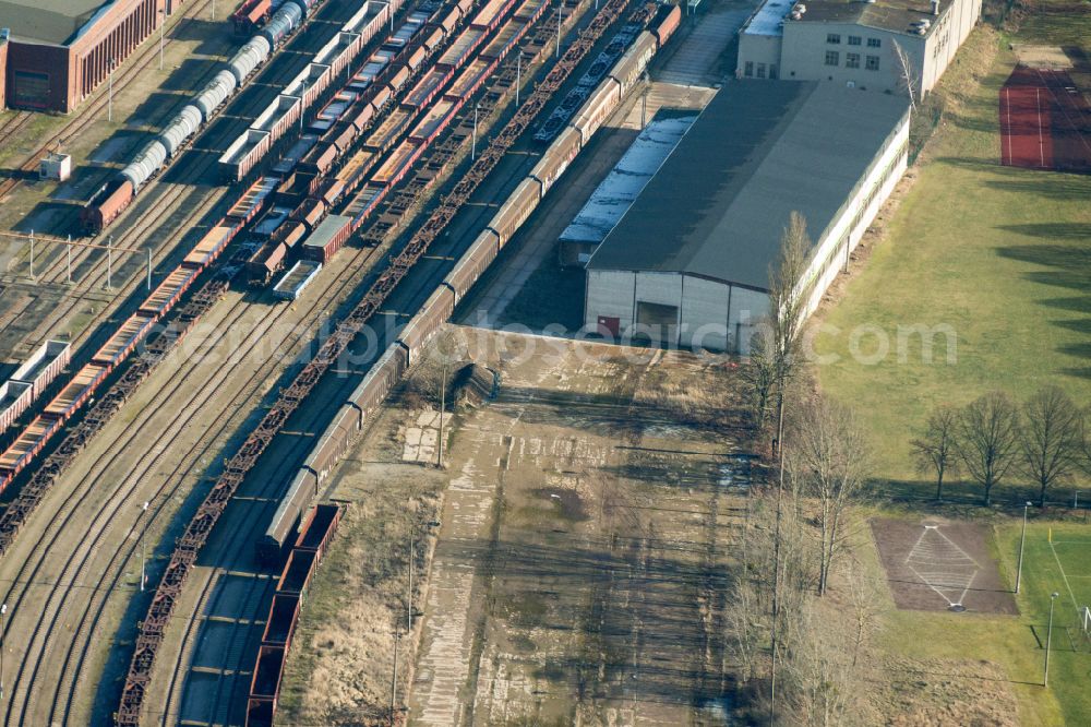 Aerial image Eberswalde - Railway depot and repair shop for maintenance and repair of trains of passenger transport Schienenfahrzeugwerk Eberswalde GmbH on street Eisenbahnstrasse in Eberswalde in the state Brandenburg, Germany