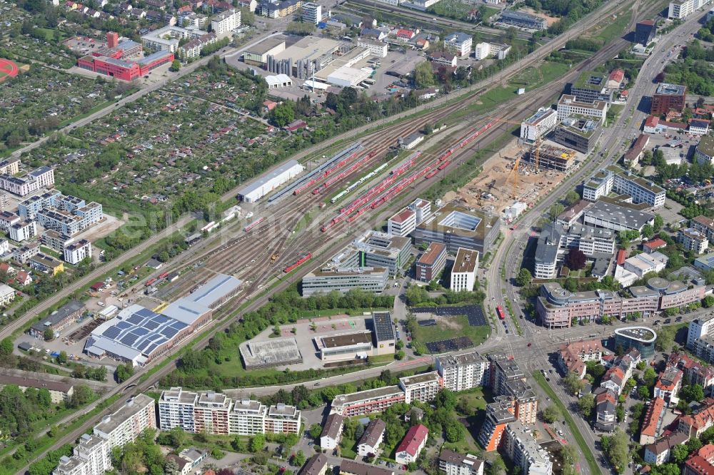 Freiburg im Breisgau from above - Railway depot and repair shop for maintenance and repair of trains of passenger transport in Freiburg im Breisgau in the state Baden-Wurttemberg, Germany