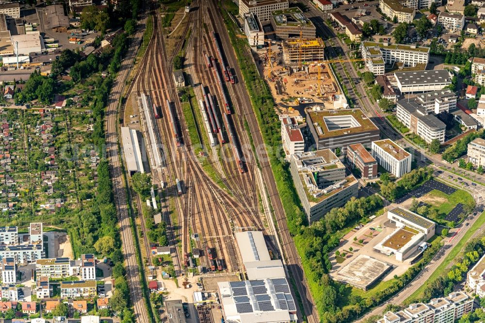 Aerial image Freiburg im Breisgau - Railway depot and repair shop for maintenance and repair of trains of passenger transport in Freiburg im Breisgau in the state Baden-Wurttemberg, Germany