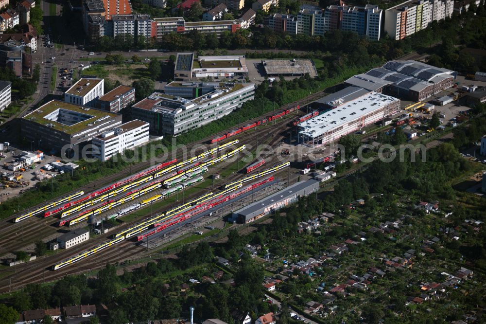 Freiburg im Breisgau from the bird's eye view: Railway depot and repair shop for maintenance and repair of trains of passenger transport in Freiburg im Breisgau in the state Baden-Wurttemberg, Germany