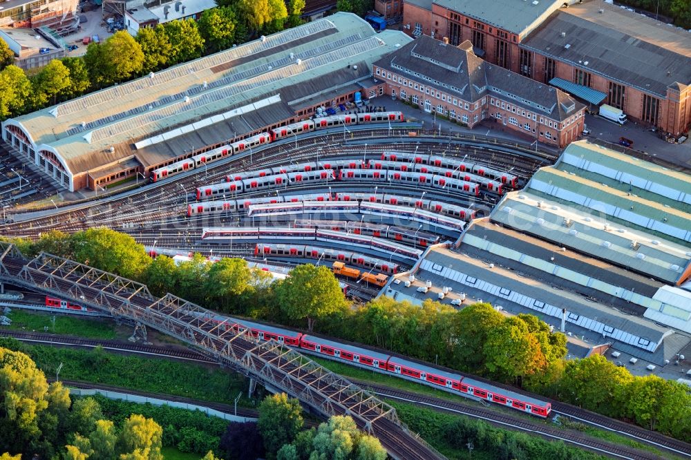 Hamburg from above - Railway depot and repair shop for maintenance and repair of trains of passenger transport of the Hamburger Hochbahn on Hellbrookstrasse in the district Winterhude in Hamburg, Germany