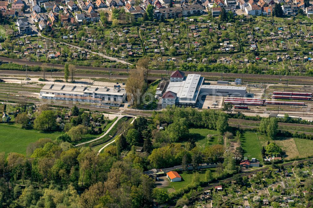 Karlsruhe from the bird's eye view: Railway depot and repair shop for maintenance and repair of trains of passenger transport DB Regio AG Region Mitte BW Karlsruhe in Karlsruhe in the state Baden-Wuerttemberg, Germany