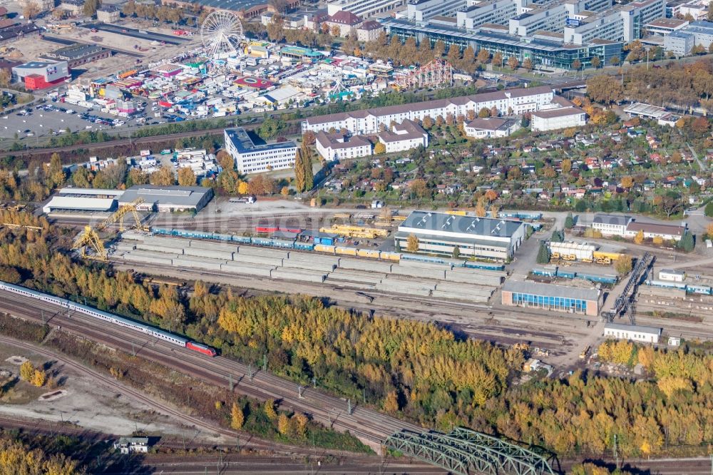 Karlsruhe from above - Railway depot and repair shop for maintenance and repair of trains of passenger transport of the DB InfraGO AG in the district Oststadt in Karlsruhe in the state Baden-Wuerttemberg, Germany