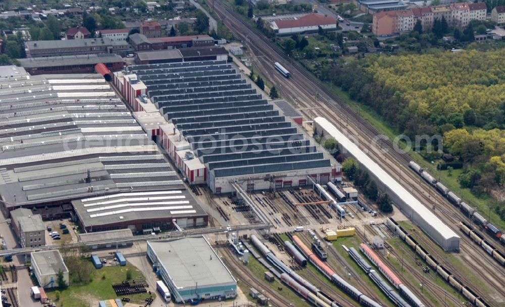 Delitzsch from the bird's eye view: Railway depot and repair shop for maintenance and repair of trains of passenger transport in Delitzsch in the state Saxony