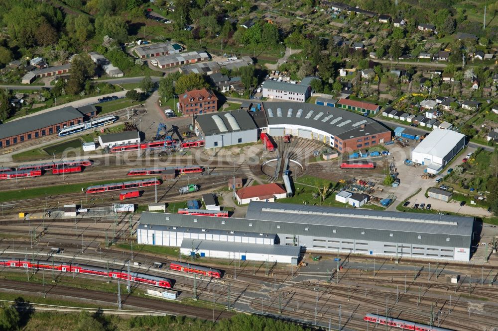 Aerial image Rostock - Railway depot and repair shop for maintenance and repair of trains of passenger transport in the district Stadtmitte in Rostock in the state Mecklenburg - Western Pomerania, Germany