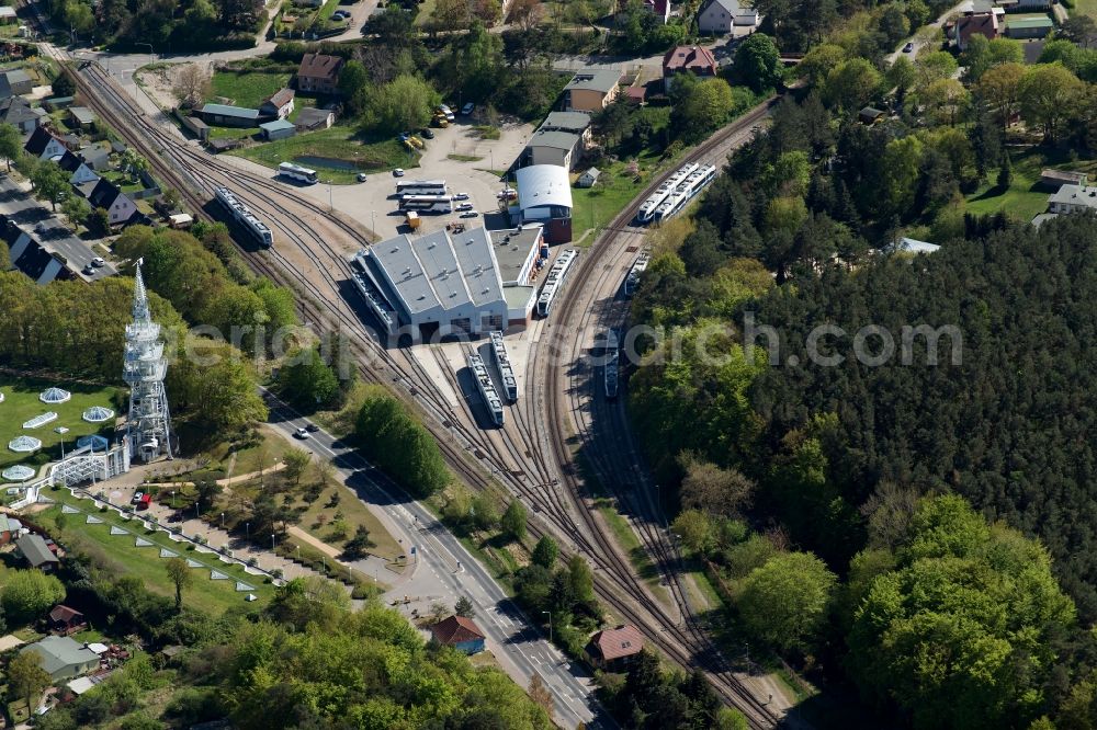 Aerial photograph Seebad Ahlbeck - Railway depot and repair shop for maintenance and repair of trains of passenger transport in Seebad Ahlbeck in the state Mecklenburg - Western Pomerania, Germany