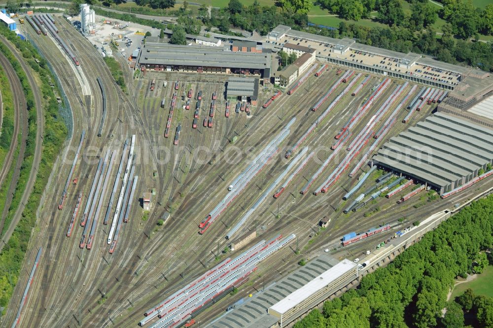 Stuttgart from the bird's eye view: Railway depot and repair shop for maintenance and repair of trains of passenger transport in Stuttgart in the state Baden-Wuerttemberg