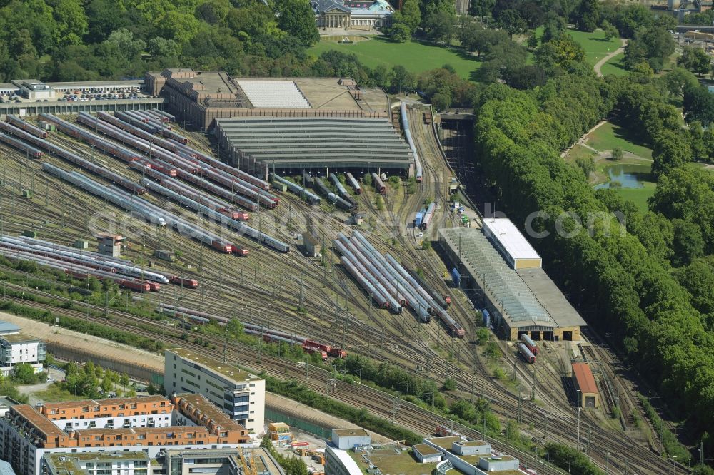 Aerial photograph Stuttgart - Railway depot and repair shop for maintenance and repair of trains of passenger transport in the district Am Rosensteinpark in Stuttgart in the state Baden-Wurttemberg, Germany