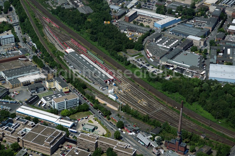 Aerial photograph Essen - Railway depot and repair shop for maintenance and repair of trains of passenger transport on Schederhofstrasse in Essen in the state North Rhine-Westphalia, Germany