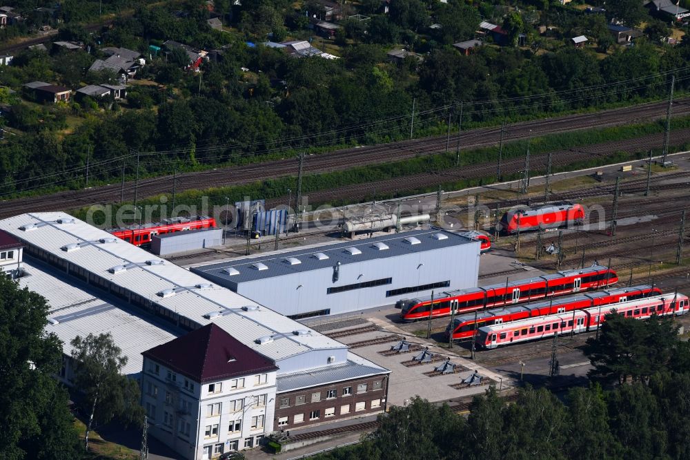 Karlsruhe from above - Railway depot and repair shop for maintenance and repair of trains of passenger transport in Karlsruhe in the state Baden-Wurttemberg, Germany