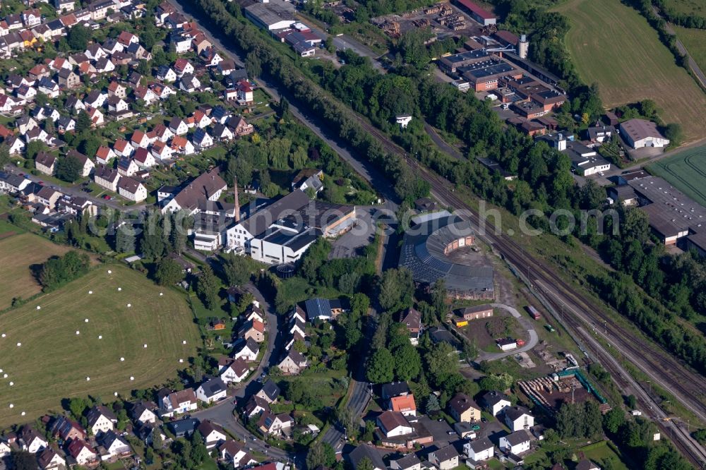 Höxter from the bird's eye view: Railway depot and repair shop for maintenance and repair of trains in the district Ottbergen in Hoexter in the state North Rhine-Westphalia, Germany