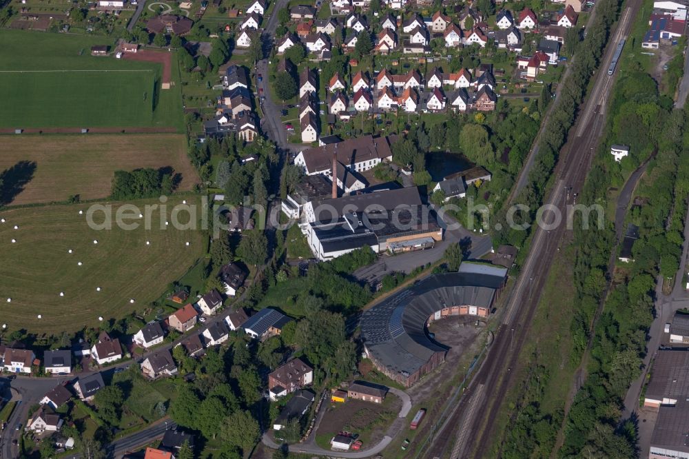 Aerial image Höxter - Railway depot and repair shop for maintenance and repair of trains in the district Ottbergen in Hoexter in the state North Rhine-Westphalia, Germany