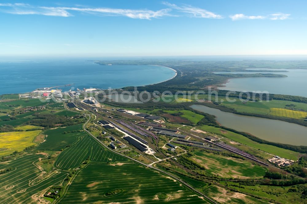 Aerial image Lietzow - Railway depot and repair shop for maintenance and repair of trains of passenger transport on Mukran port in the district Hagen in Lietzow in the state Mecklenburg - Western Pomerania, Germany