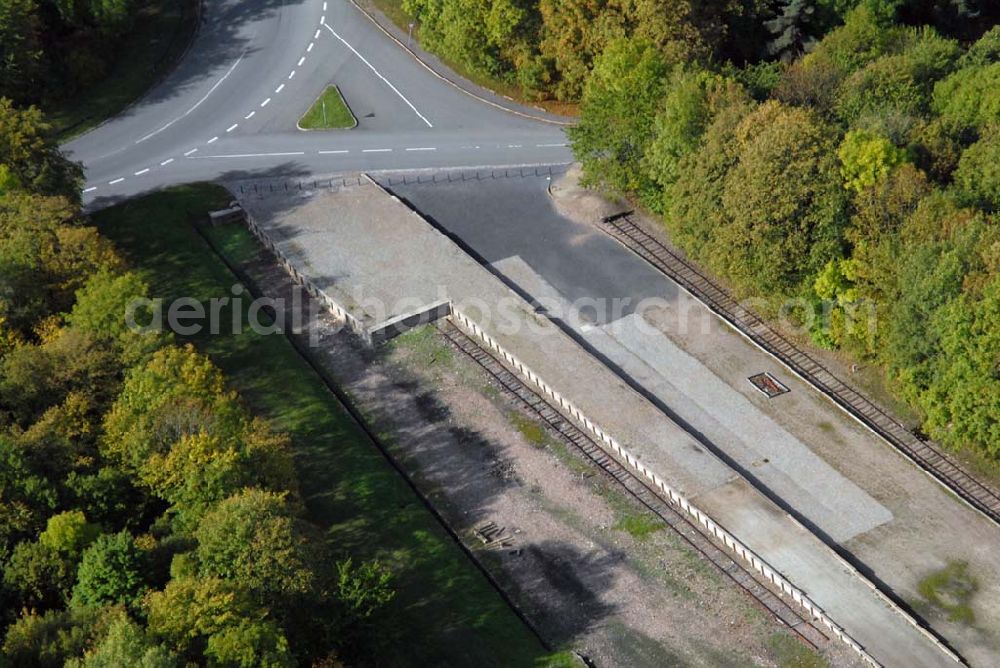 Weimar from the bird's eye view: Blick auf den Bahnhof des KZ Buchenwald, eines der größten Konzentrationslager auf deutschem Boden. Es wurde zwischen Juli 1937 und April 1945 auf dem Ettersberg bei Weimar als Arbeitslager betrieben. Anschrift: Gedenkstätte Buchenwald, 99427 Weimar-Buchenwald; Tel. 03643/4300;