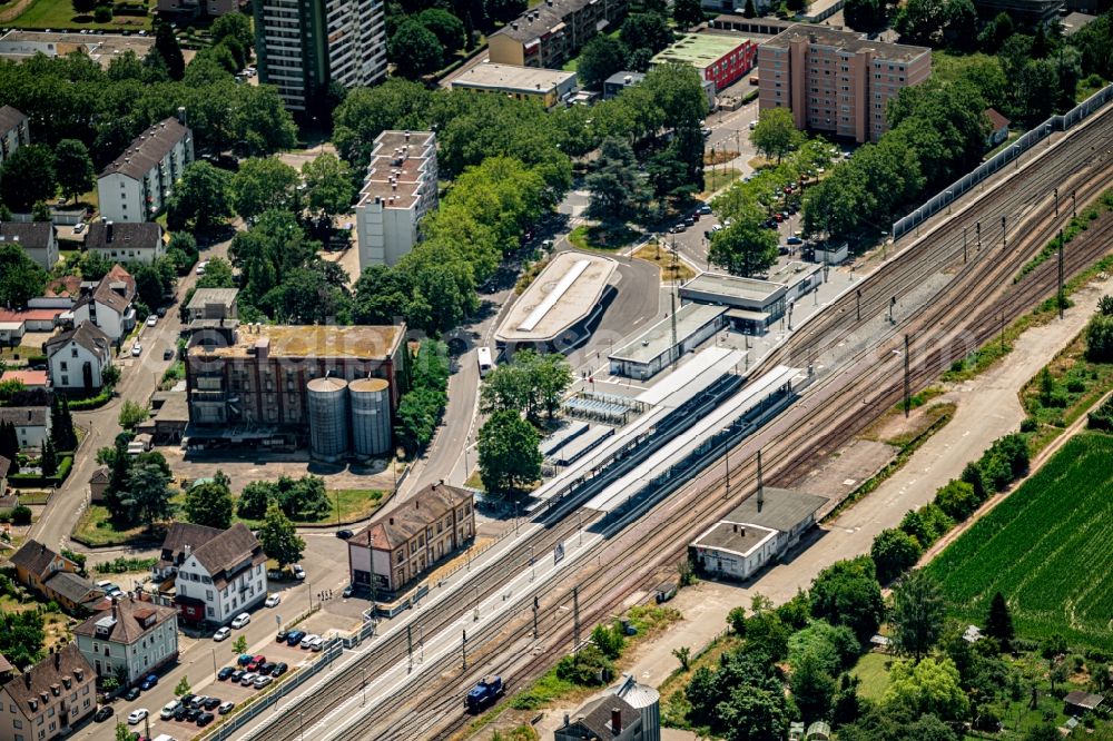 Lahr/Schwarzwald from above - Track progress and building of the main station of the railway in Lahr/Schwarzwald in the state Baden-Wurttemberg, Germany