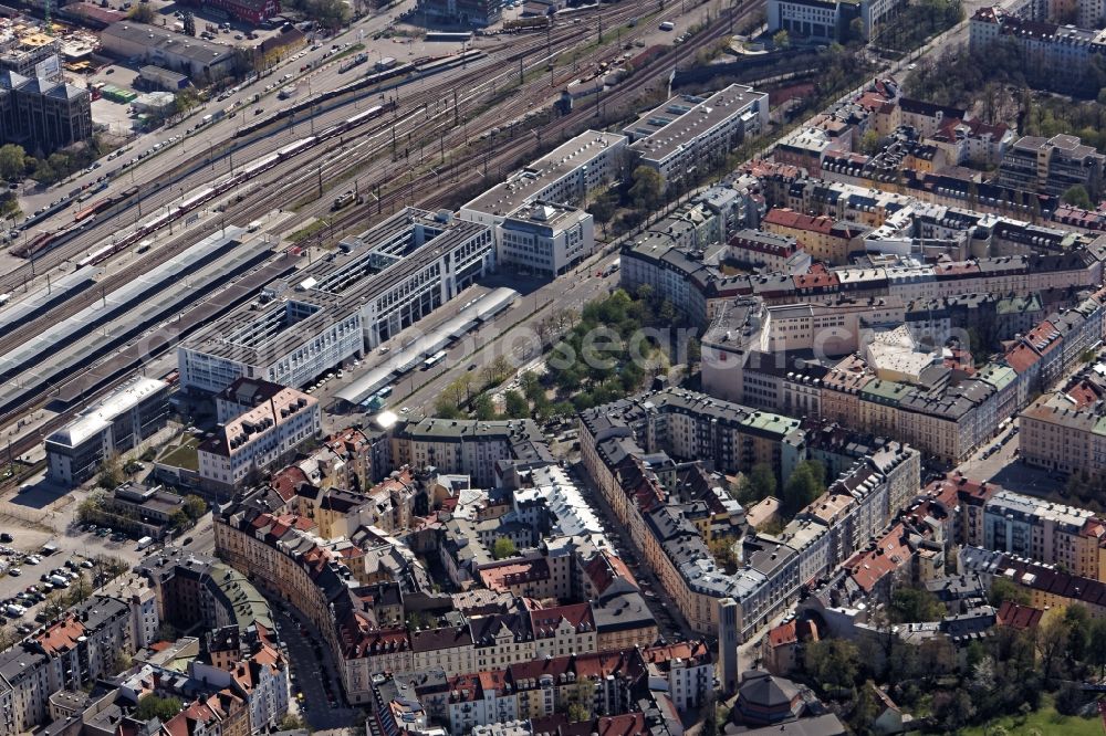 München from above - Ostbahnhof station on Orleansplatz in the Haidhausen district of Munich in the state Bavaria