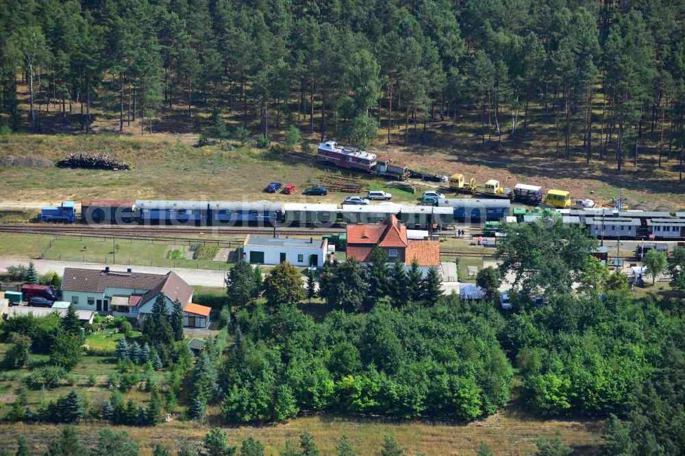 Kleinbahren from the bird's eye view: Station of the Lower Lusatian museum railway (NLME) in Kleinbahren in the state of Brandenburg in Germany