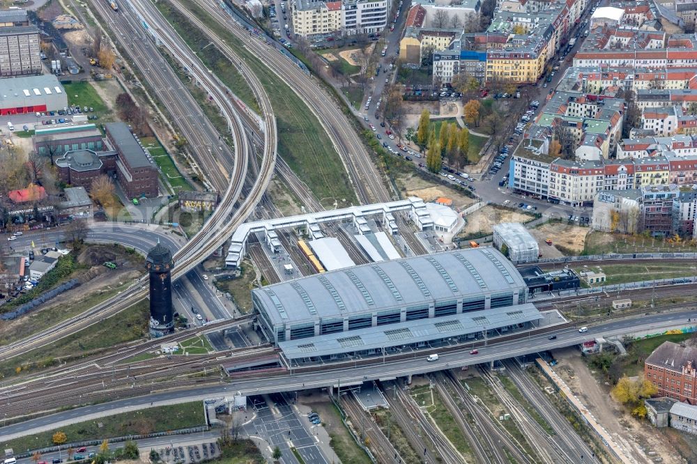 Aerial image Berlin - Route expansion station - Warschauer road to east cross rail station Ostkreuz Friedrichshain district of Berlin