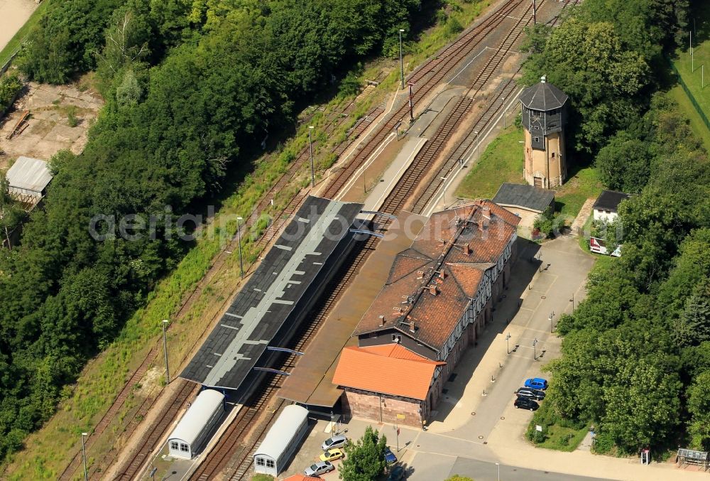 Sondershausen from the bird's eye view: The station of Sondershausen in Thuringia is located on Bahnhofstrasse. The station building was built half-timbered architecture in the 19th century