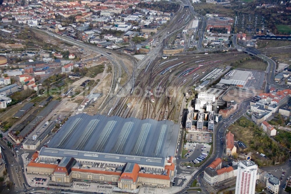 Leipzig from above - Deutsche Bahn station facilities at the main station of Leipzig in Saxony