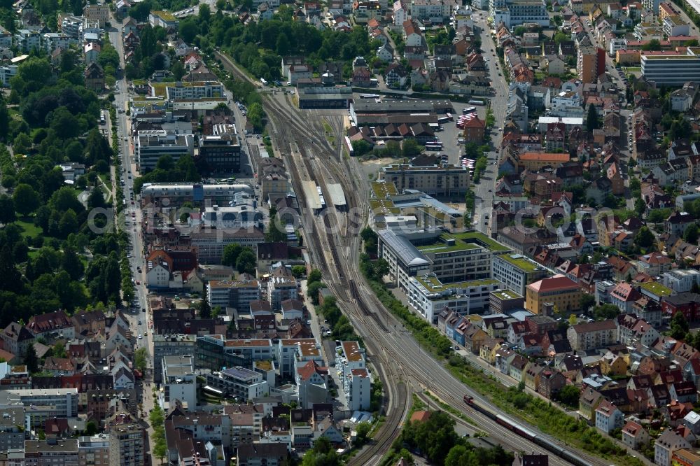 Aerial image Friedrichshafen - Station railway building of trainstation Friedrichshafen Stadt of the Deutsche Bahn in Friedrichshafen in the state Baden-Wurttemberg, Germany